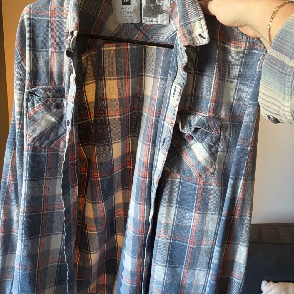 Ag Adriano Goldschmied Blue Plaid Button-Down Shirt with Cream and Red Accents